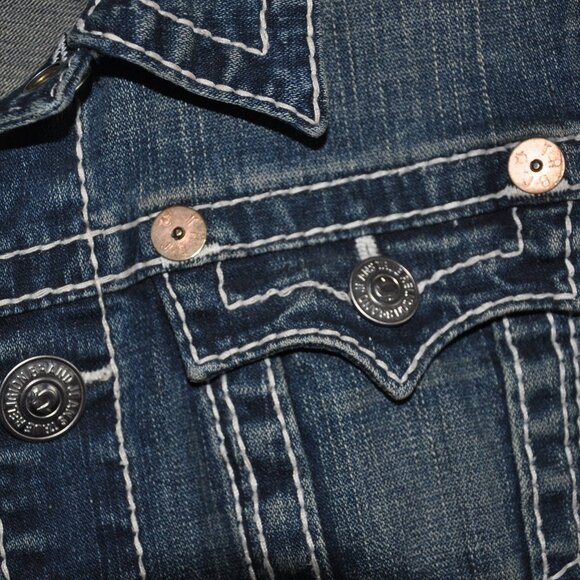 True Religion Blue Denim Sleeveless Jacket Jean Vest Emily Big T Bold Stitch L - Picture 4 of 7